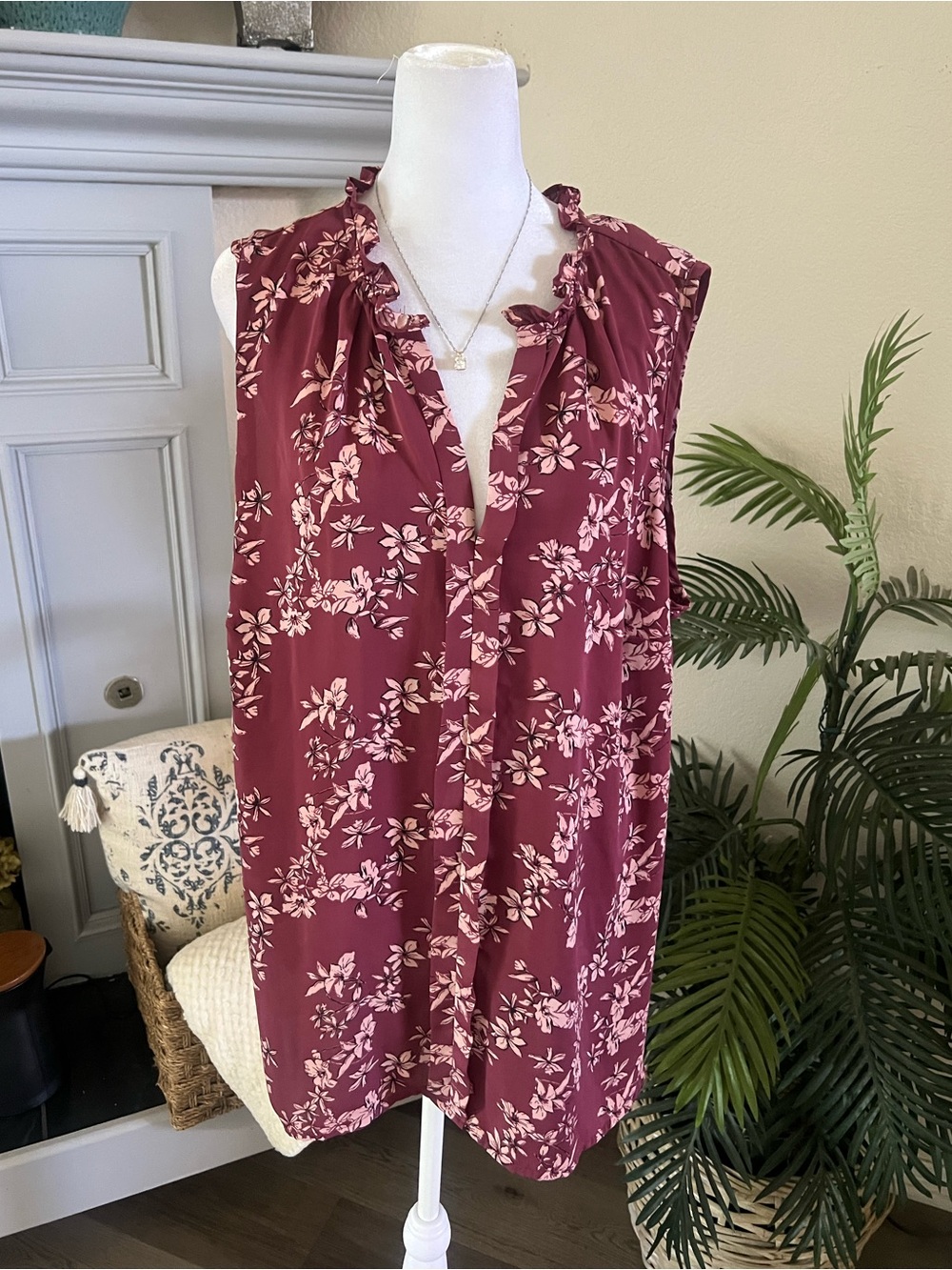 Market & Spruce Burgundy Floral Ruffle-Neck Sleeveless Top